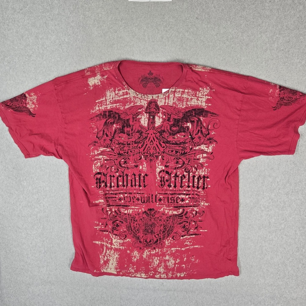 VINTAGE Affliction Archaic Men Shirt 3XL Red Y2K Grunge MMA Skull Wings READ